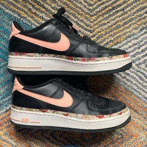 Black leather Nike AF1 with pink swoosh and floral detail